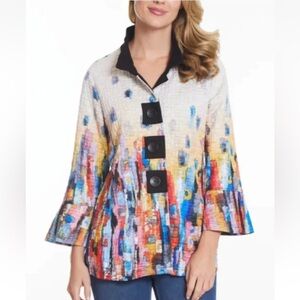 Ali Miles Ouilted Art to Wear Colorful Modernist Bell Sleeve Button Front Jacket